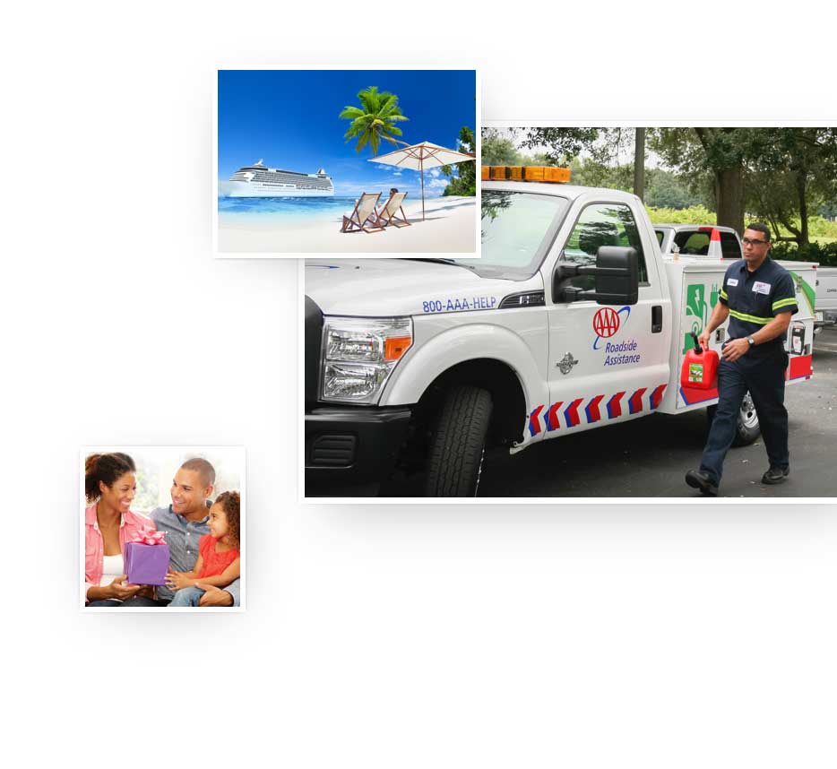 AAA membership collage for Roadside Assistance Technicians, cruise travel packages, and more