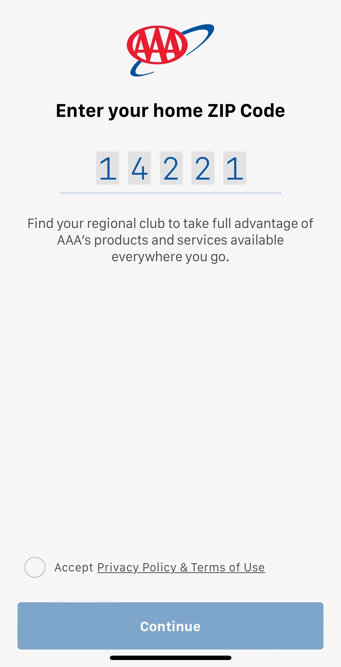 aaa mobile app zip code page